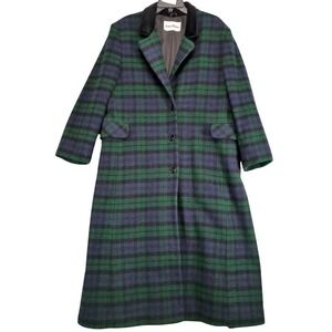 Vintage 90s John Weitz Green Navy Plaid Overcoat Womens 14P‎ Wool USA Long Coat